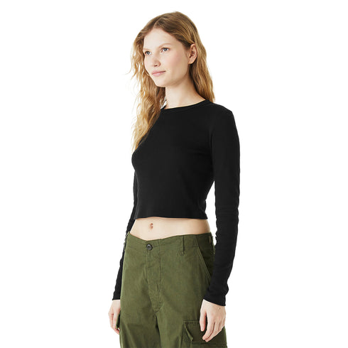 Women's Micro Rib Long Sleeve Baby Tee Solid Black Blend side Model